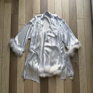 Elegant light Blue Satin Robe and Chemise with Feather Trim